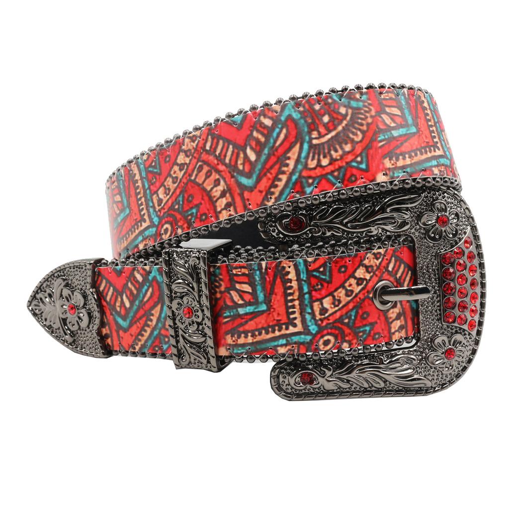 European And American Hip Hop Red Pattern Rhinestone Printing Belt, Original Punk Trend Pu Leather Belt