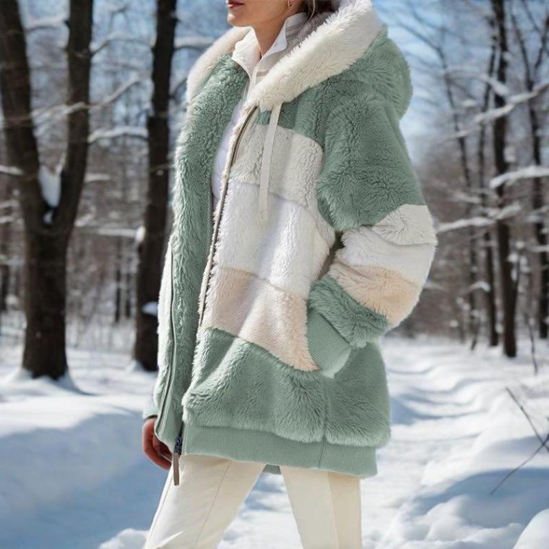 Warm plush patchwork zipper pocket hooded loose jacket