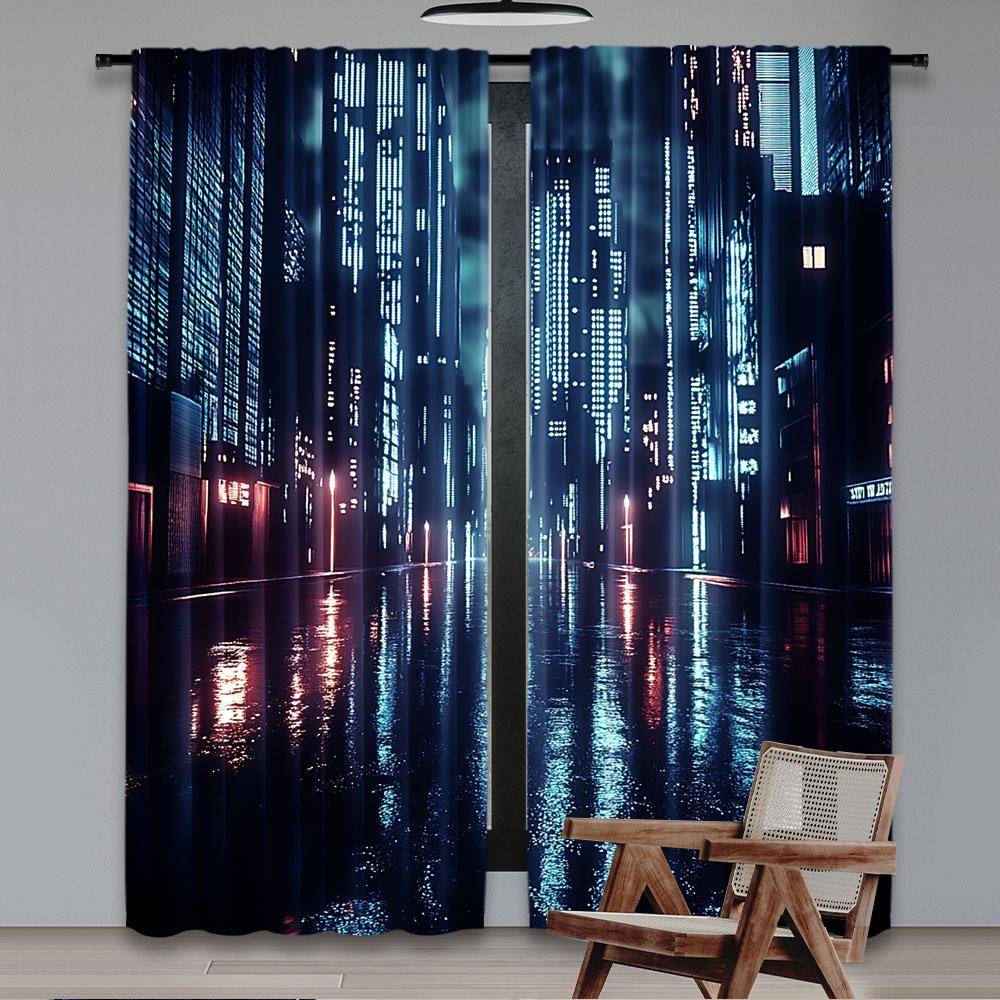 2Pcs City Backdrop Curtain Futureistic Night Cityscape Street Background Suitable For Living Room Bedroom And Many Other