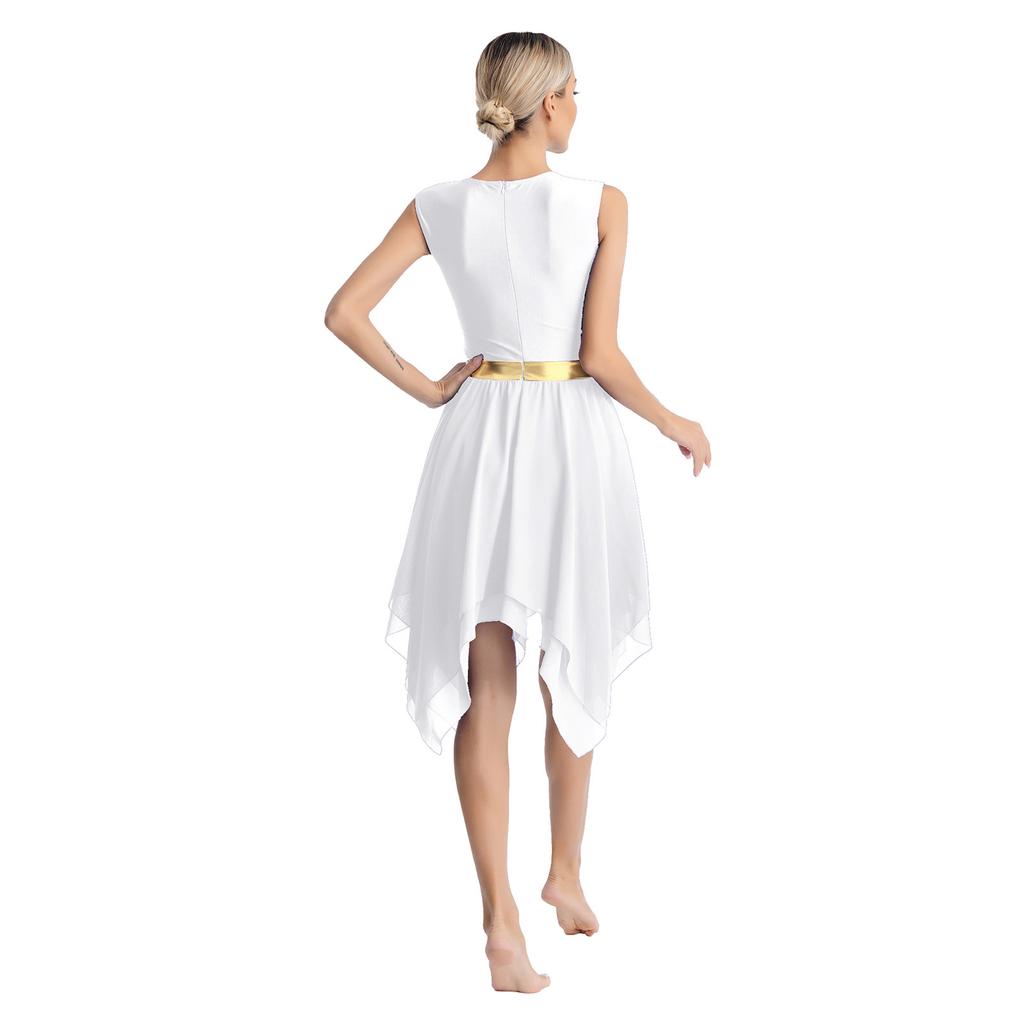 Womens Liturgical Dance Dress Metallic Shiny Cross Sequins Sleeveless Color Block Patchwork Irregular Hem Performance Gown