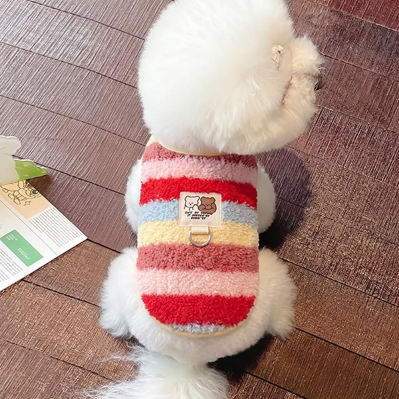 Dog fleece clothes autumn and winter rainbow candy striped than bear cat teddy small dog warm pet vest