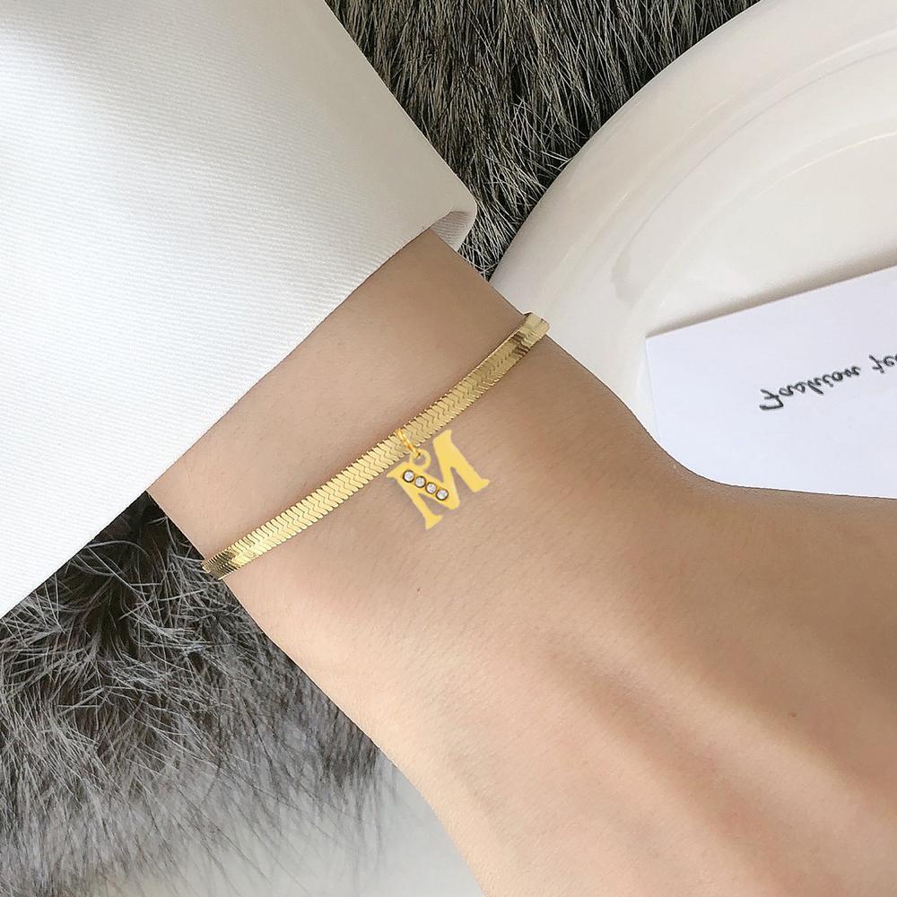 Punk 3mm Flat Snake Chain Bracelet Female Gold Color Stainless Steel Alphabet Initial Letter Charm Bracelet for Women Jewelry