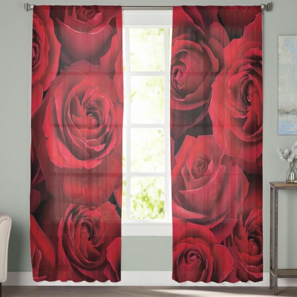 Valentine 'S Day Red Rose Flower Tulle Curtains For Living Room Bedroom Home Decor Chiffon Sheer Voile Kitchen Curtain
