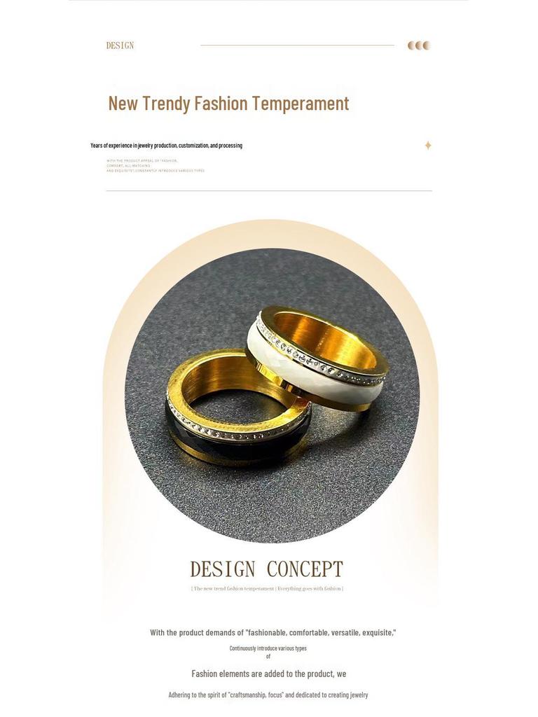 European-American Inlaid Diamond Black Ceramic Couple Ring: Rotatable Stainless Steel