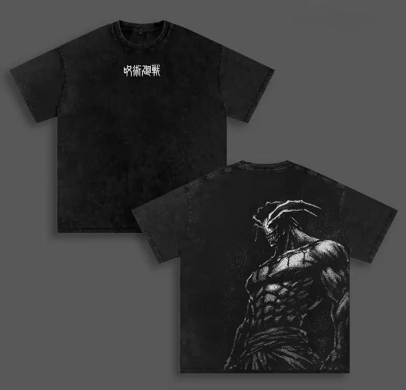 Unisex 2026 New Anime Summer Jujutsu Kaisen Vintage Washed Oversized T-Shirt with Double Side Print Demon Letters and Silhoue