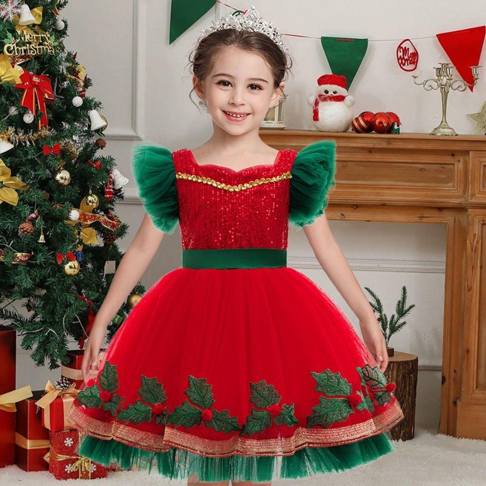 Mesh Puff Skirt Christmas Princess Dress Lace Collar Christmas Dance Dress Birthday Gala