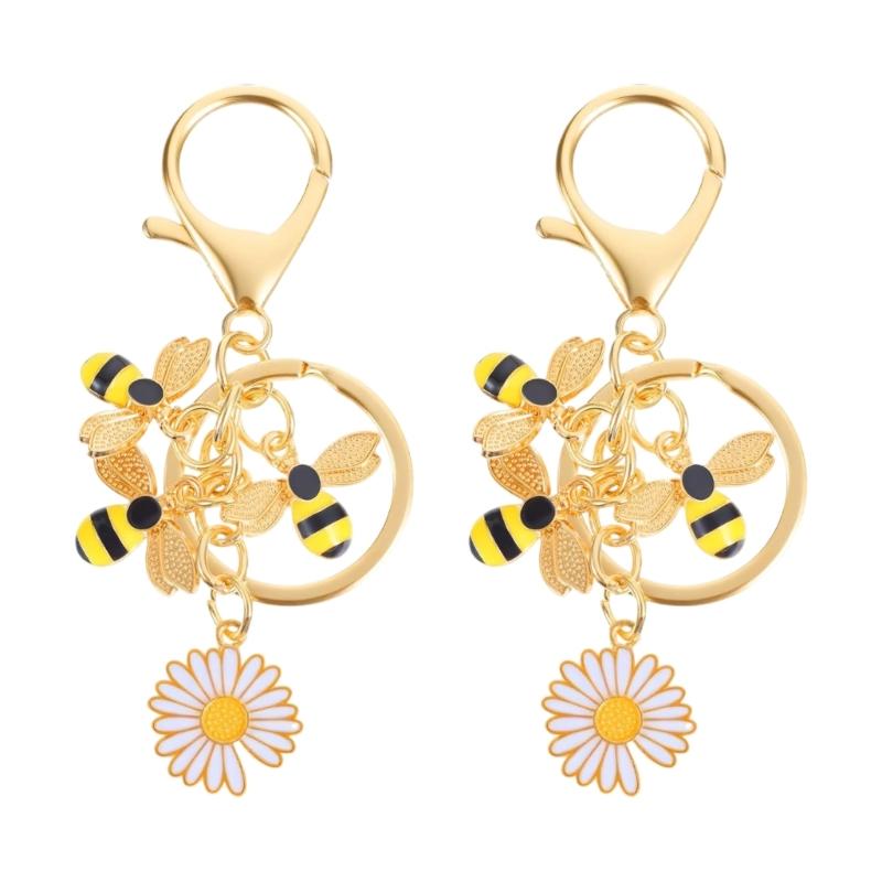 2Pcs Flower Bees Keychain Zinc Alloy Stylish Rustproof Keyring Nature Inspired Jewelry Accessory For Women Men Gift 1