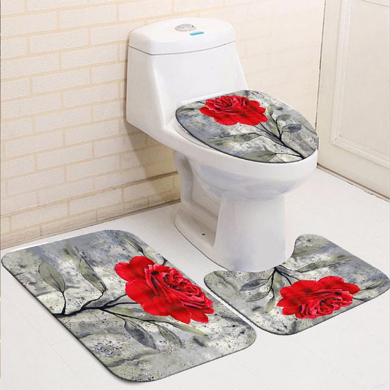 3D Rose Flower Shower Curtain Set Non-Slip Rugs Bath Mat Toilet Lid Cover and 12 Hooks Waterproof Polyester Bathroom Decor
