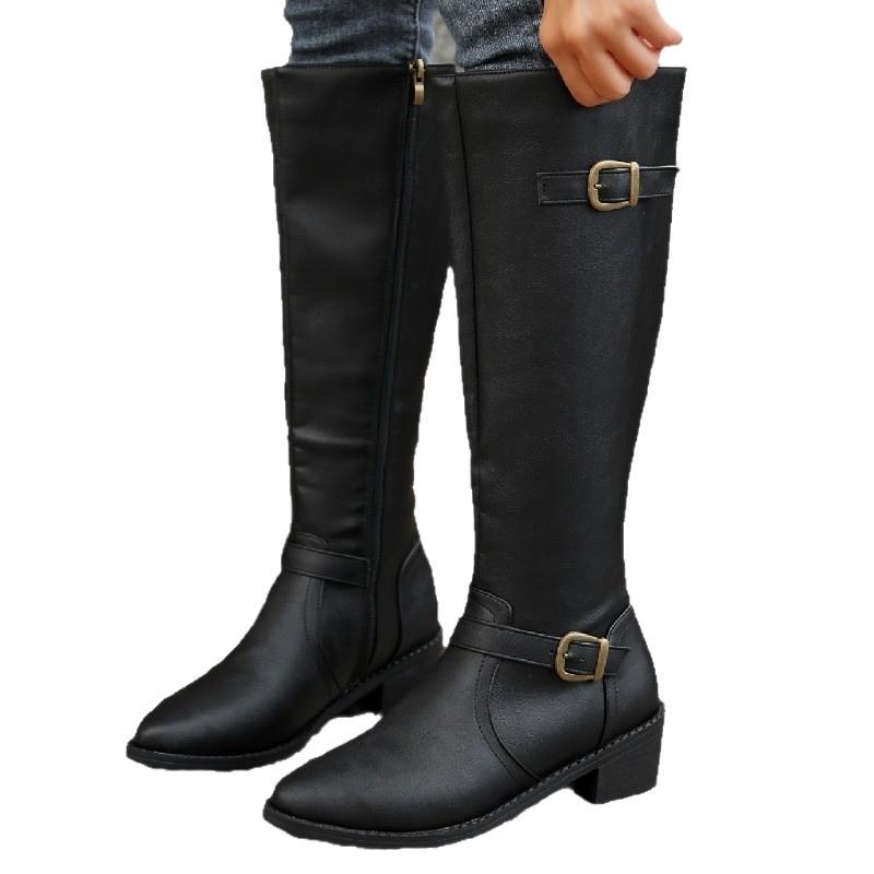 Women's Tall Square Buckle Boots, Chunky Heel Zipper Leather Boots, Plus Size Fall Winter Shoes