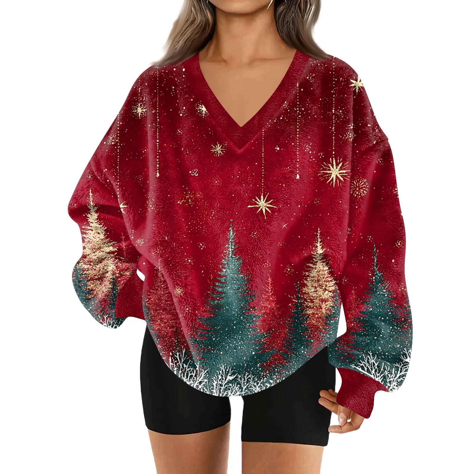 

Женская модная повседневная толстовка с длинным рукавом и V-образным вырезом с рождественским принтом S