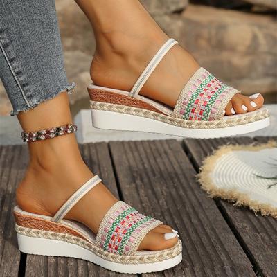 Fashion Summer Platform Plaid Wedge Slippers for Women Non-Slip Soft Sole Linen Woman Slides Plus Size Crystal Woman Slippers