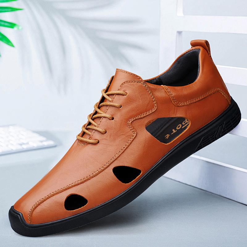 2024 Summer Men's Sandals Genuine Leather Hollowed Out Soft Bottom Breathable Casual Shoes Lightweight Comfy Flat Designer Shoes