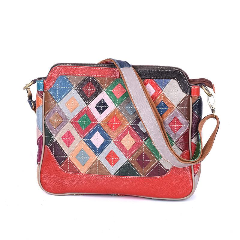 

Fashion Trendy Bag Leather Bag Contrasting Color Plaid First Layer Cowhide Shoulder Bag Crossbody Women S Bag