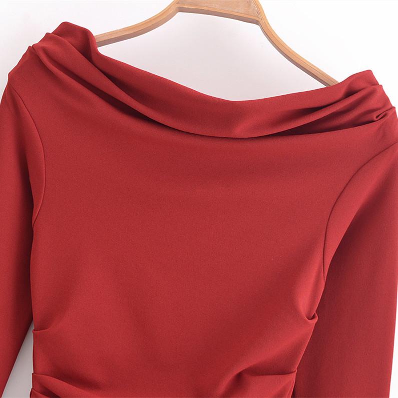 Spring 2025 Women's Elegant One-Shoulder Pleated Dress - Slim Fit, Long-Sleeved, Solid Color