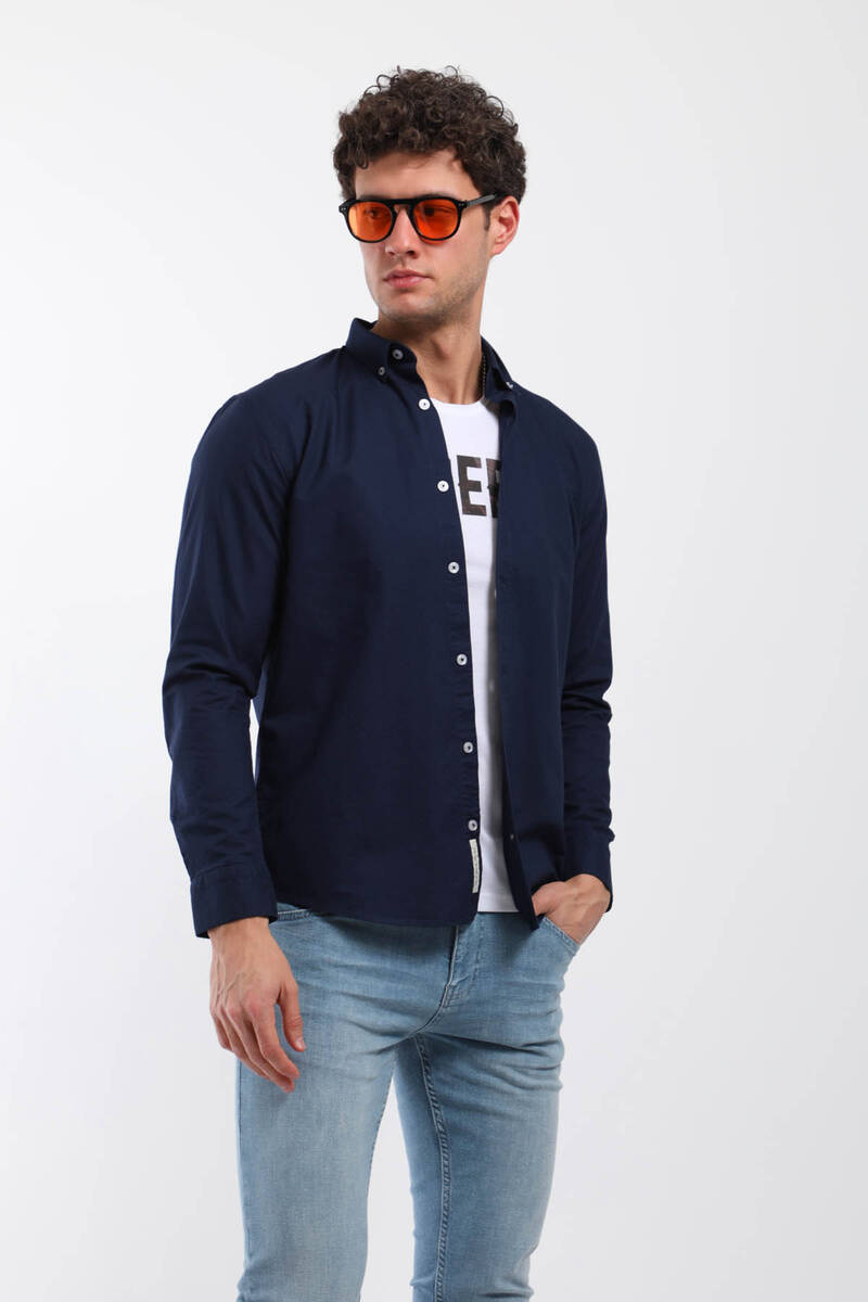 

Мужская прямая рубашка с длинным рукавом темно-синяя M темно-синий