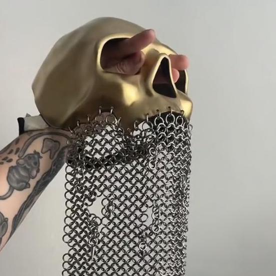 Medieval Skull Armor Masque with Chainmail Metal Skull Helmet Gothic Cosplay Costume for Halloween LARP Festivals Accessory