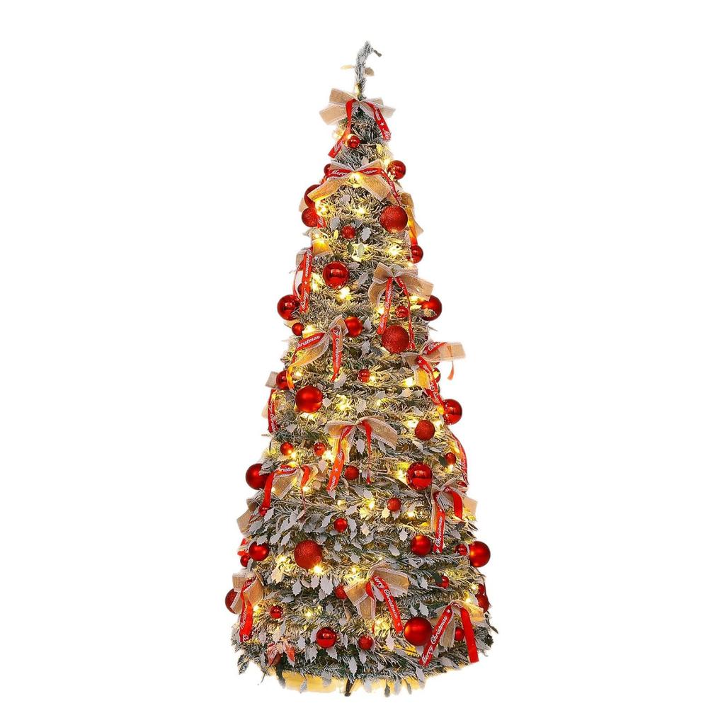 Luxury Folding Telescopic Christmas Tree with Warm Lights - Green Flocking Floor-Standing Decor