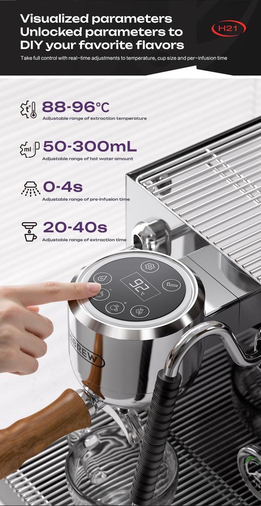 Máquina de Café Espresso Comercial HiBREW H21, Control de Temperatura PID, Sistema de 3 Calderas, Tanque de Agua de 1.8L, Cafetera para Cappuccino Latte