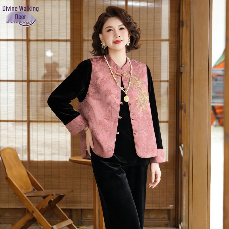 

Spring/Autumn Gold Velvet Three-Piece Set: Chinese-Style Vest & Embroidered Top for Middle-Aged and Elderly Women. XL [Recommended 40-50kg]