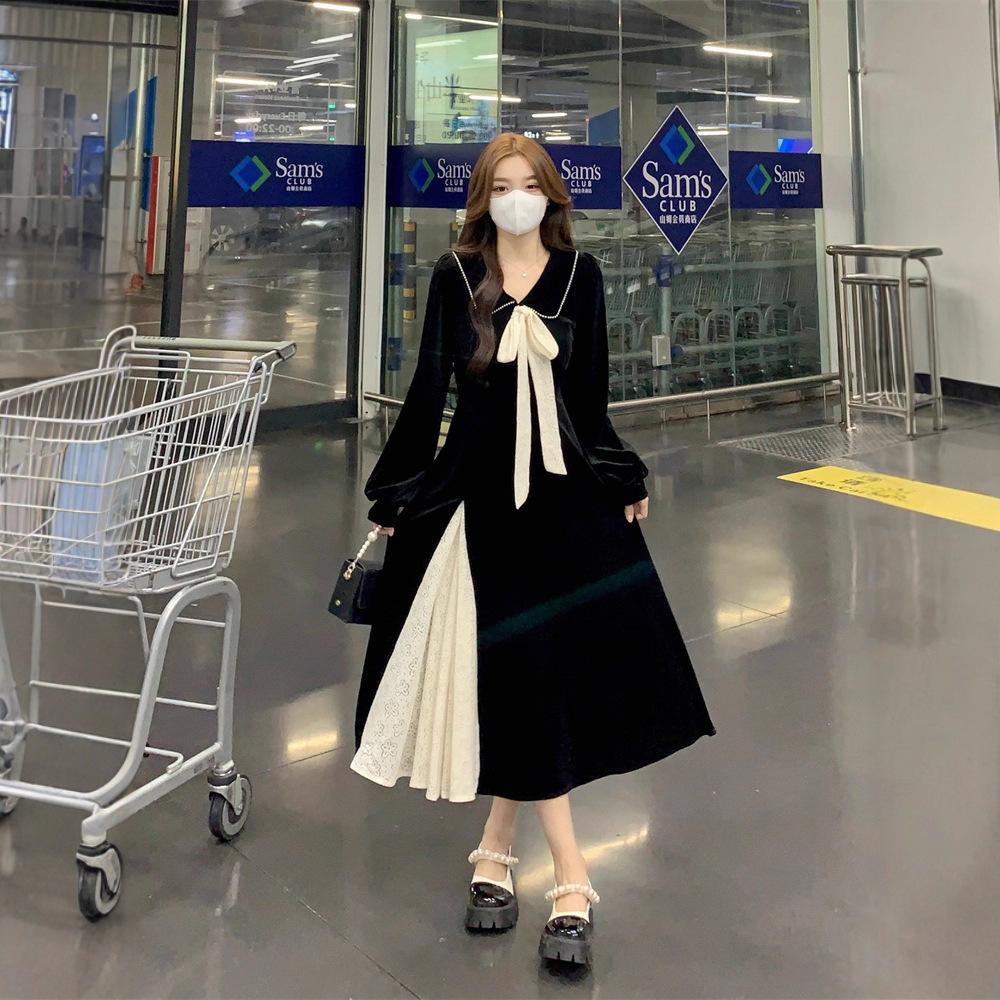 Large Size Women's Hepburn Style Black Velvet Dress Autumn and Winter Sweet Doll Collar Skirt Splicing Contrasting Color Long Skirt