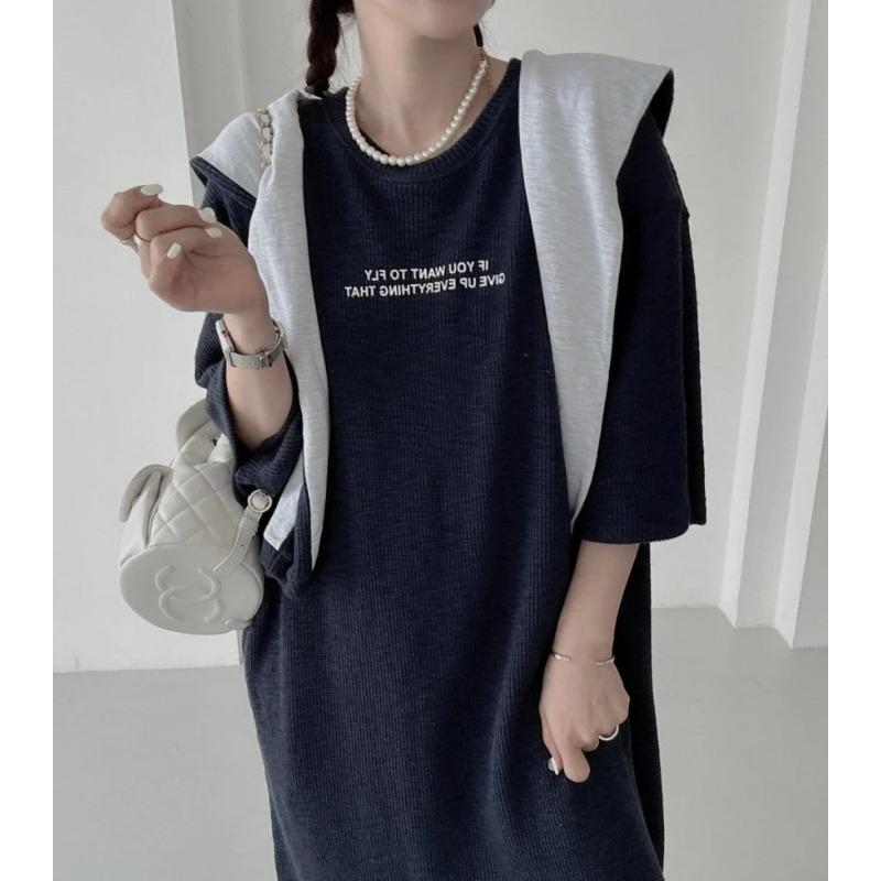 Südkorea Chic Sommer Neue Dame Französisch Sle Süße Rundhals Brief Drucken Schal Design Lose Kurzen Ärmeln T-shirt Kleid Frauen