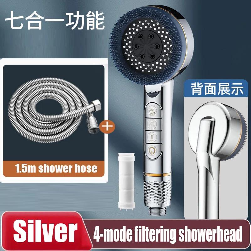 7 IN 1 Large Flow Shower Head Set 4 Modes High Pressure Water Saving One-Key Stop Water Massage Portable Showerheads With Filter