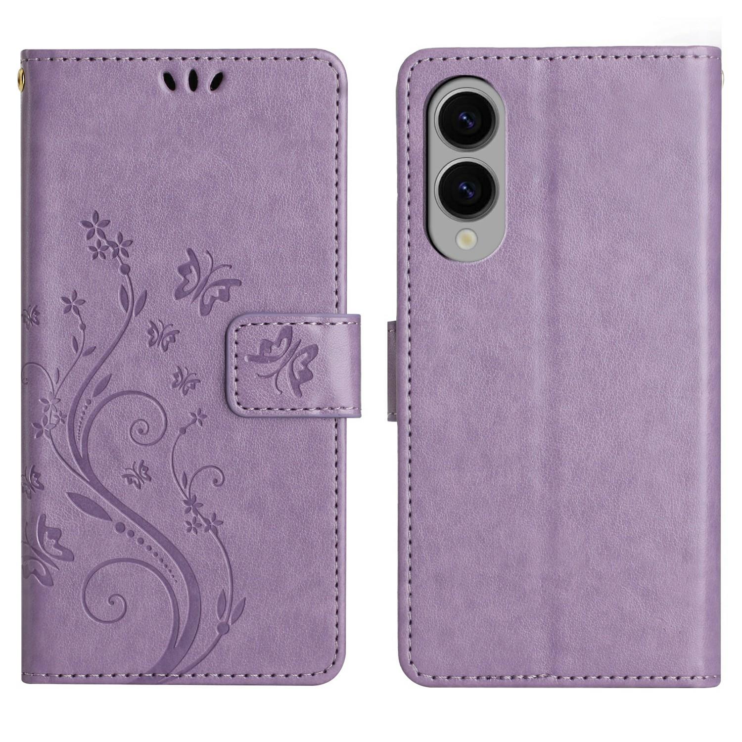 

For Samsung Galaxy S25 Edge Leather Wallet Case Butterfly Flower Imprinted Phone Cover with Strap Light Purple