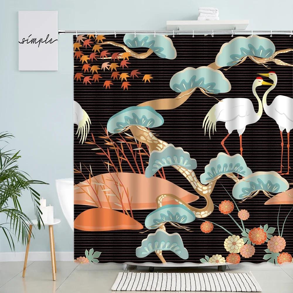 

White Crane Shower Curtains Green Leaves Plants Japanese Style Stripe Pattern Decor Polyester Fabric Bathroom Curtain With Hooks W60H190(CM)-1 Pcs