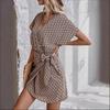 Summer Women Sexy V-neck Pleated Beach Sundress graphic printing Dress short Sleeve Sweetheart lace up Bohemia Mini Dress Elegant A-line dresses