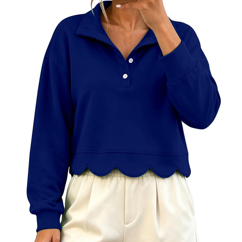Women's Fashion Color Long Sleeve Collared Pullover Sweatshirt Casual Loose Fit Top