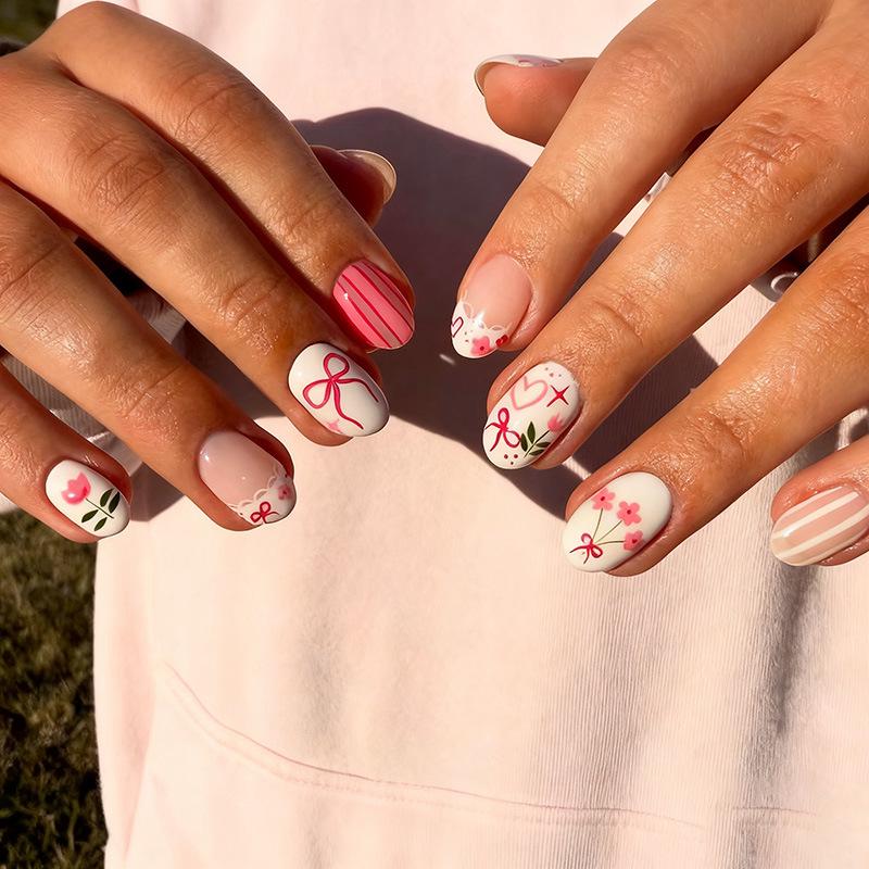 30pcs Valentine s Day Oval Manicure Tips - Painted Floral Bow Heart Design