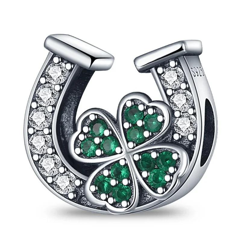 925 Sterling Silver Green Four Leaf Clover Horseshoe Charm Earrings Pendant Necklace Bracelet Jewelry Set