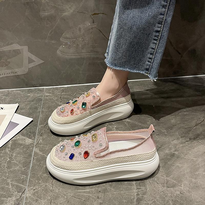 Fashion 5cm 2025 Net Mesh Platform Wedge Flats Crystal Shoes Chunky Sneaker Casual Comfy High Brand Summer Autumn Vulcanize Shoes
