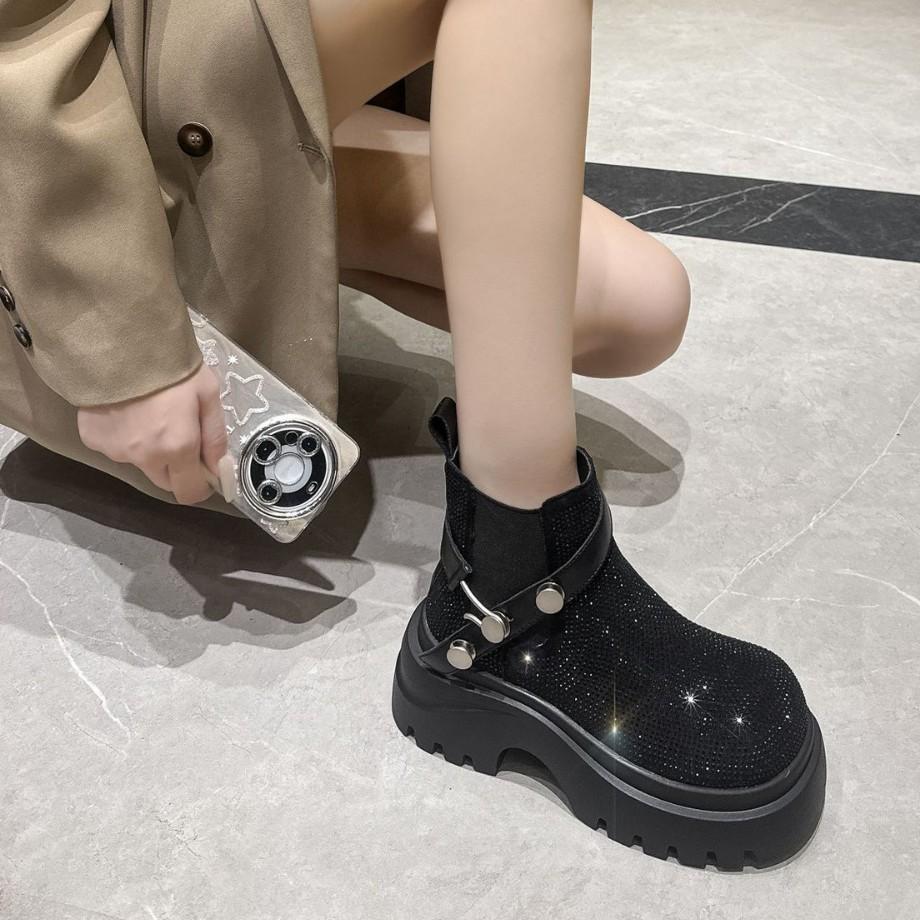 European Station 2025 Autumn and Winter New Leather Platform Premium Martin Boots Women's Fashion Full Diamond Retro Locomotive Boots