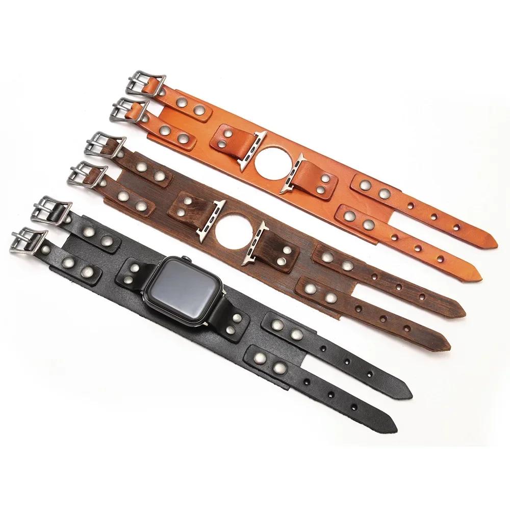 Genuine Leather Band For Apple Watch Ultra 2 49mm Strap 45mm 44mm 46mm Double Metal Buckle bracelet iWatch series 10 9 8 7 6 SE