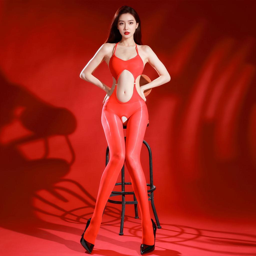 Sexy Halter Neck Shiny Bodysuit Black Stockings 5D Ultra-thin Sheer Tight-fitting Backless Open-crotch No-need-to-remove Lingeri