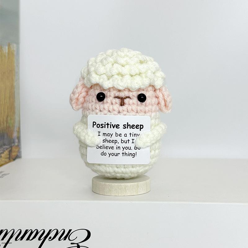 Cute Handwoven Knitted Positive Energy Sheep Dolls With Card Funny Crochet Emotional Support Animal Sheep Desktop Ornament Gifts