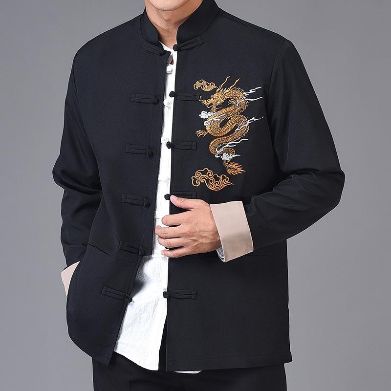 Chinese Style Hanfu Tang Clothes Men Balck Jackets Cotton Embroider Dragon Kong Fu Costume Traditional China Clothing Plus Size