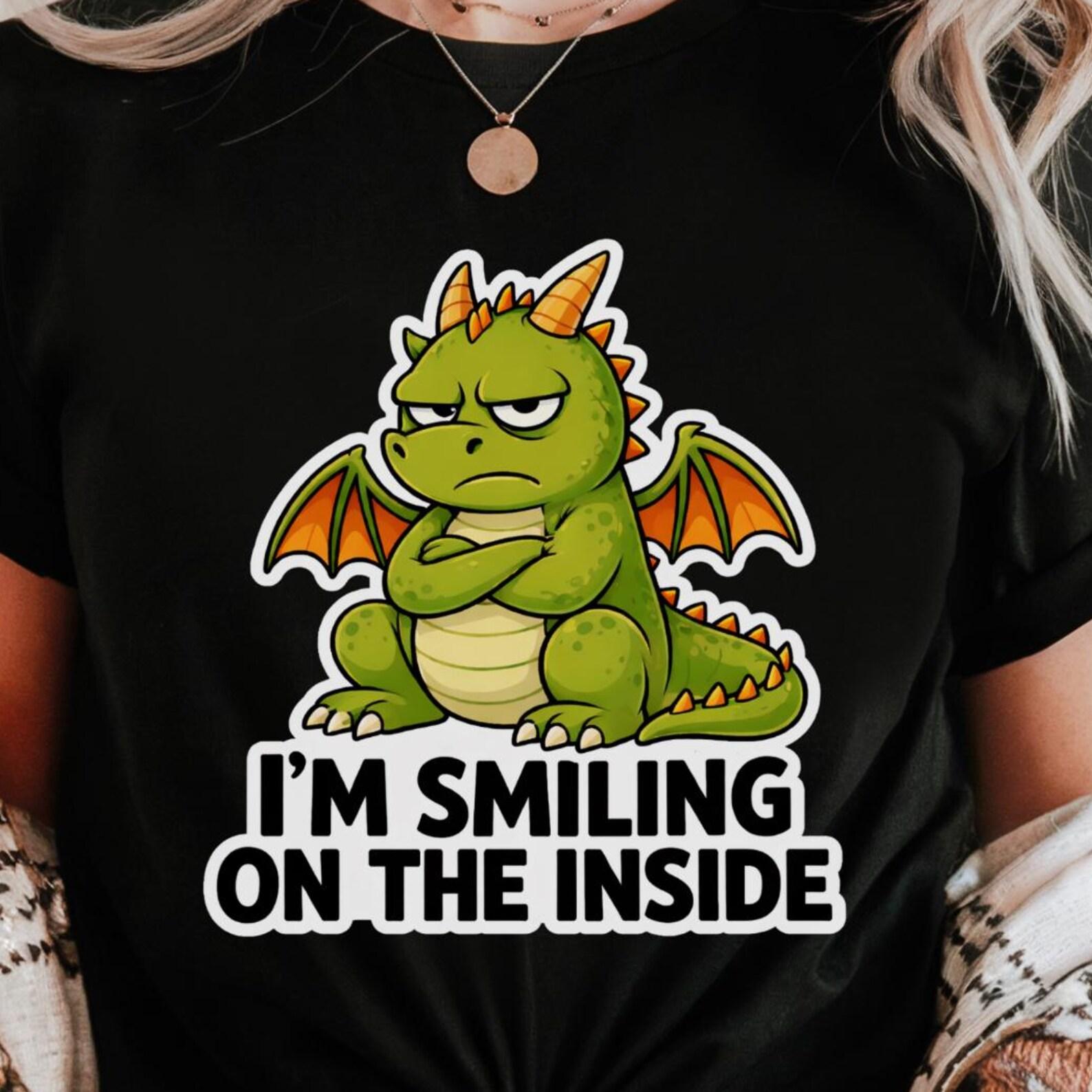 Funny Dragon Shirt | I m Smiling on the Inside | Sarcastic Grumpy Dragon Tee L