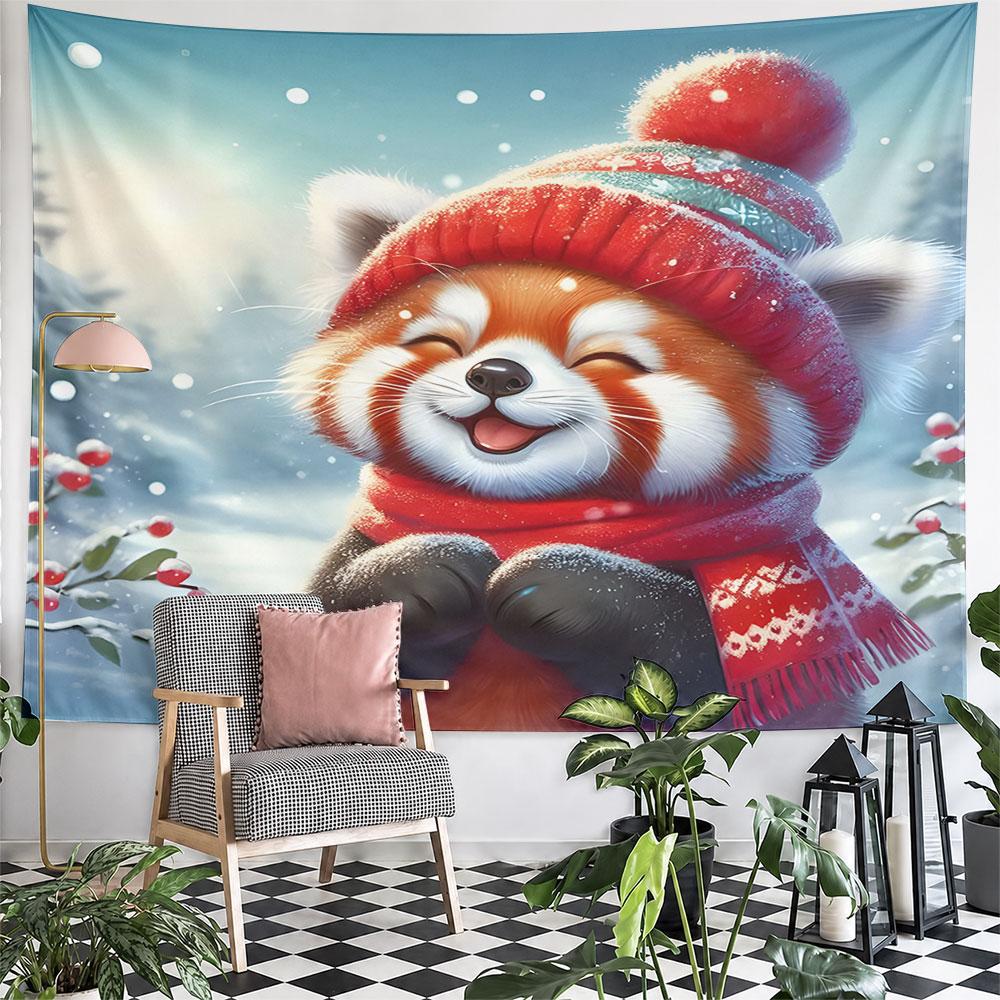 Cute Red Panda in Winter Snow Pattern Wall Hanging Tapestry Decorative Tapestry Home Decor for Bedroom and Living Room