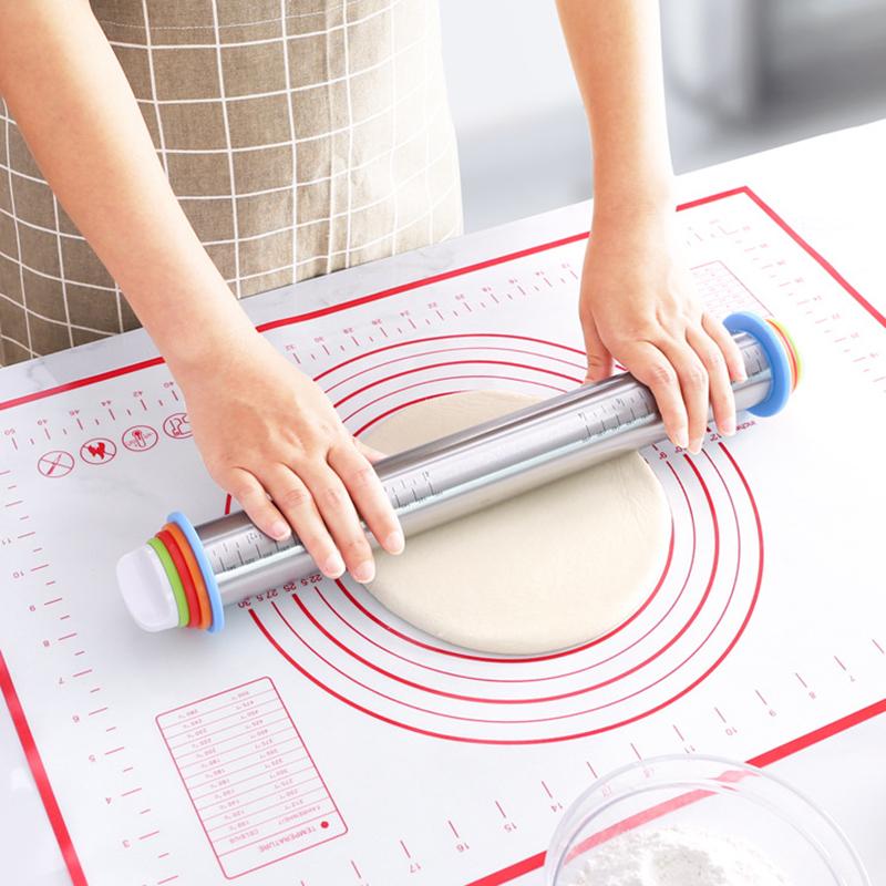 Adjustable Rolling Pin Removable Ring Dough Mat Dough Roller Stainless SteelSilicone Kneading Mat Non-Stick Silicone