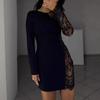 European and American Women's Dress Round Neck Long Sleeve Hollow Lace Sleeve Splicing Slim Fit