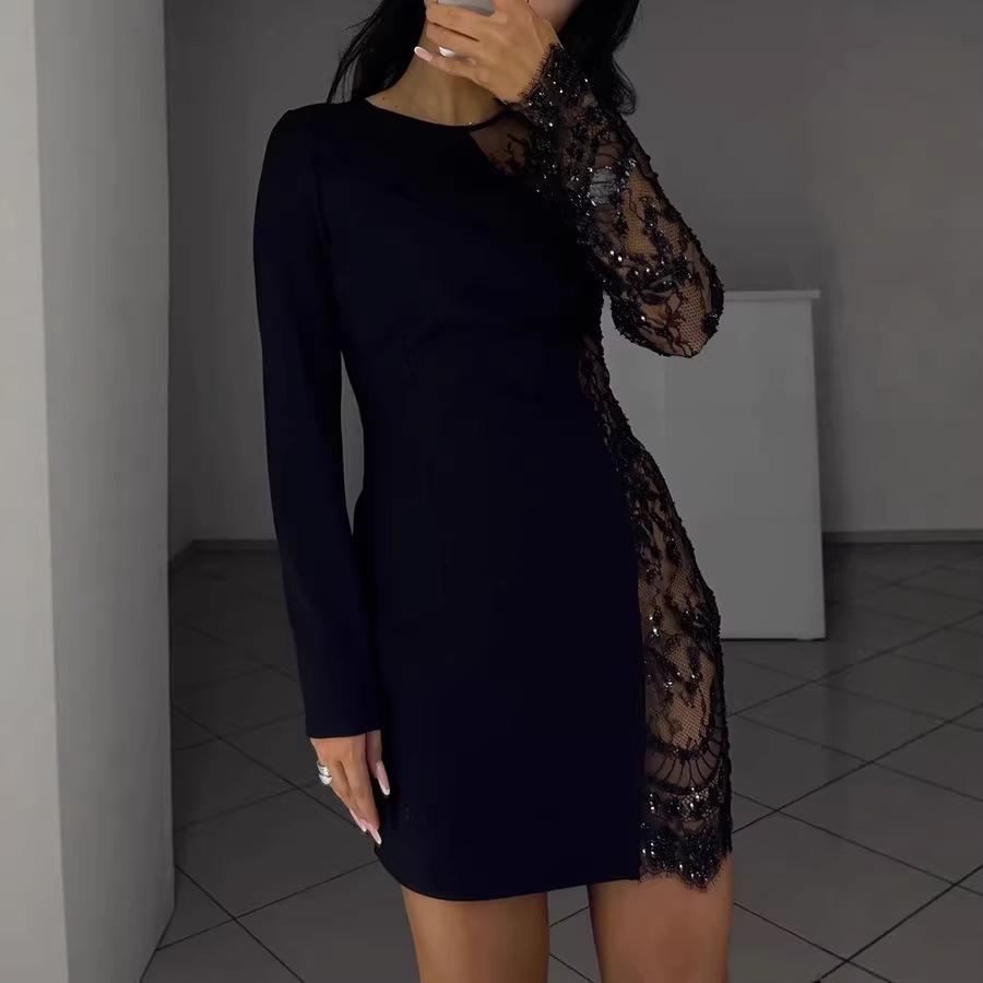 European and American women's dress round neck long sleeve hollow lace sleeve splicing slim fit