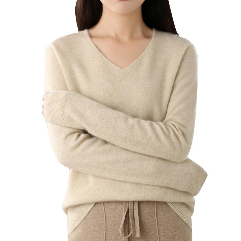Women's V-Neck Seamless Wool Sweater - Loose, 100% Cashmere Knit for Autumn/Winter