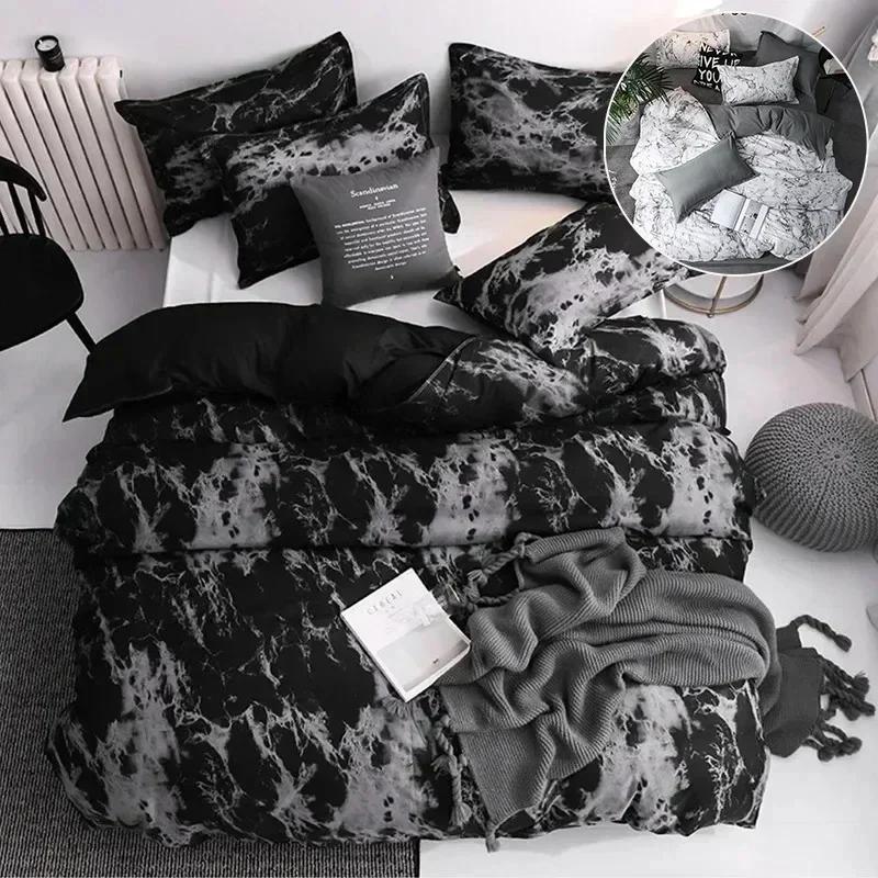3PCS/set Black Marble Pattern Sanding Bedding Set Duvet Cover+Pillowase, Bedroom Bed Set, King Queen Double (Excluding Filler)