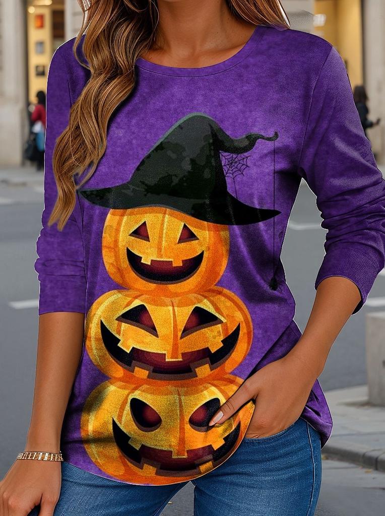 2025 Women Casual Long Sleeve Tops Graphic Halloween Pumpkin Tee Shirts Blouse Crewneck Fall Winter Streetwear Style Pullover