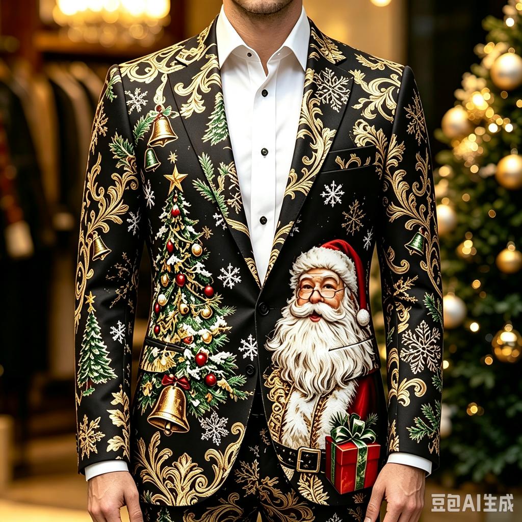 Men's Business Casual Christmas Print Long Sleeve Lapel Jacket No Tie Included