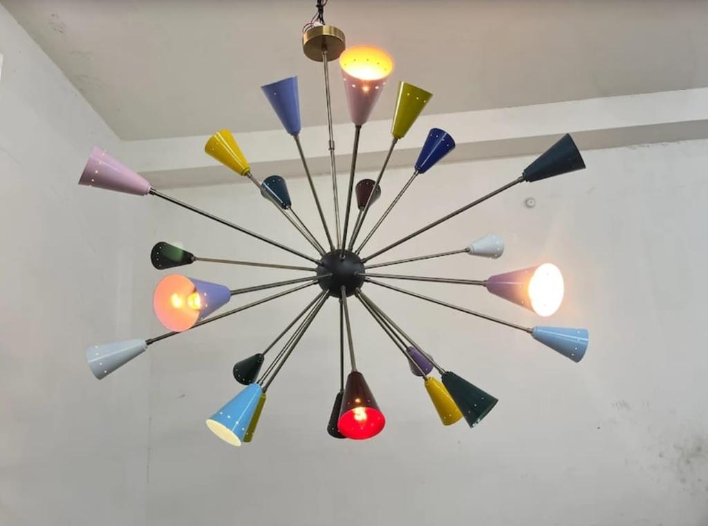 Mid Century 24 Multi Color Shade Metal Big Sputnik Chandelier Light Designer Ceiling Fixture Mid Century Ceiling Light Fixture