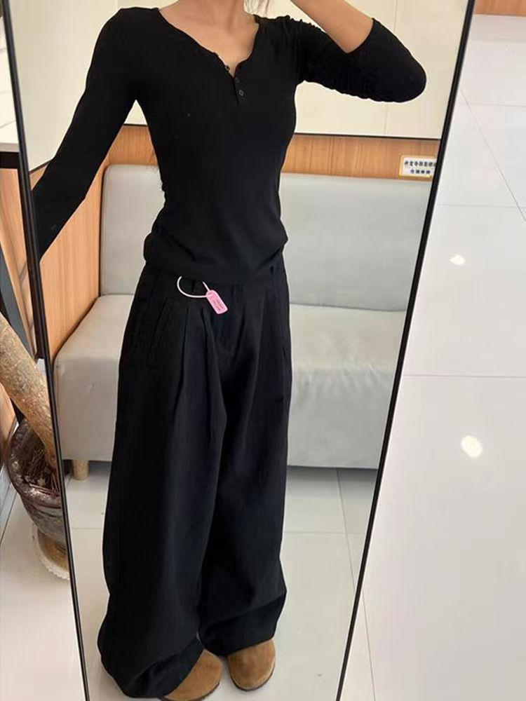 Women's Big American Style Black Wide-Leg Jeans, Autumn/Winter Pear Shape, Floor-Length, Loose Fit