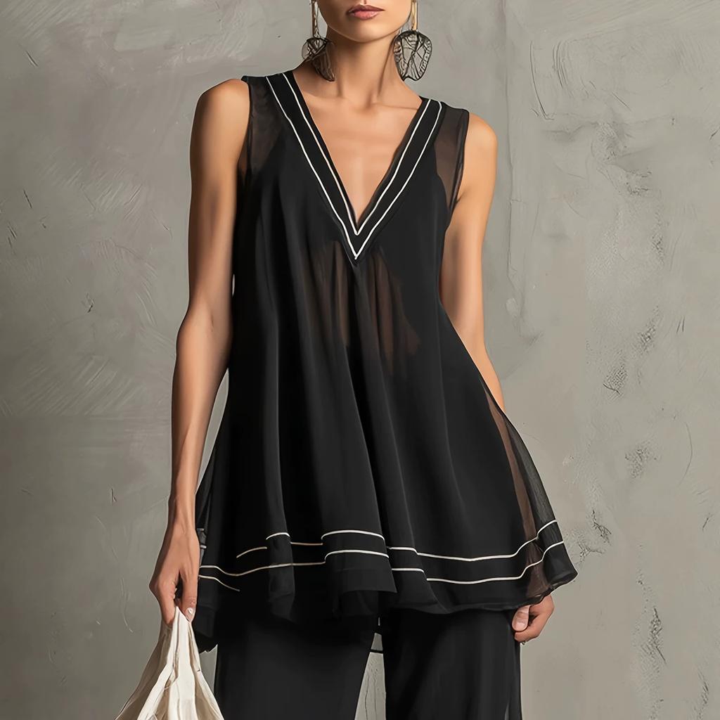1116 European and American Fashion Retro Striped V-neck Semi-transparent Black Chiffon A-word Top and Flared Pants Trousers Set
